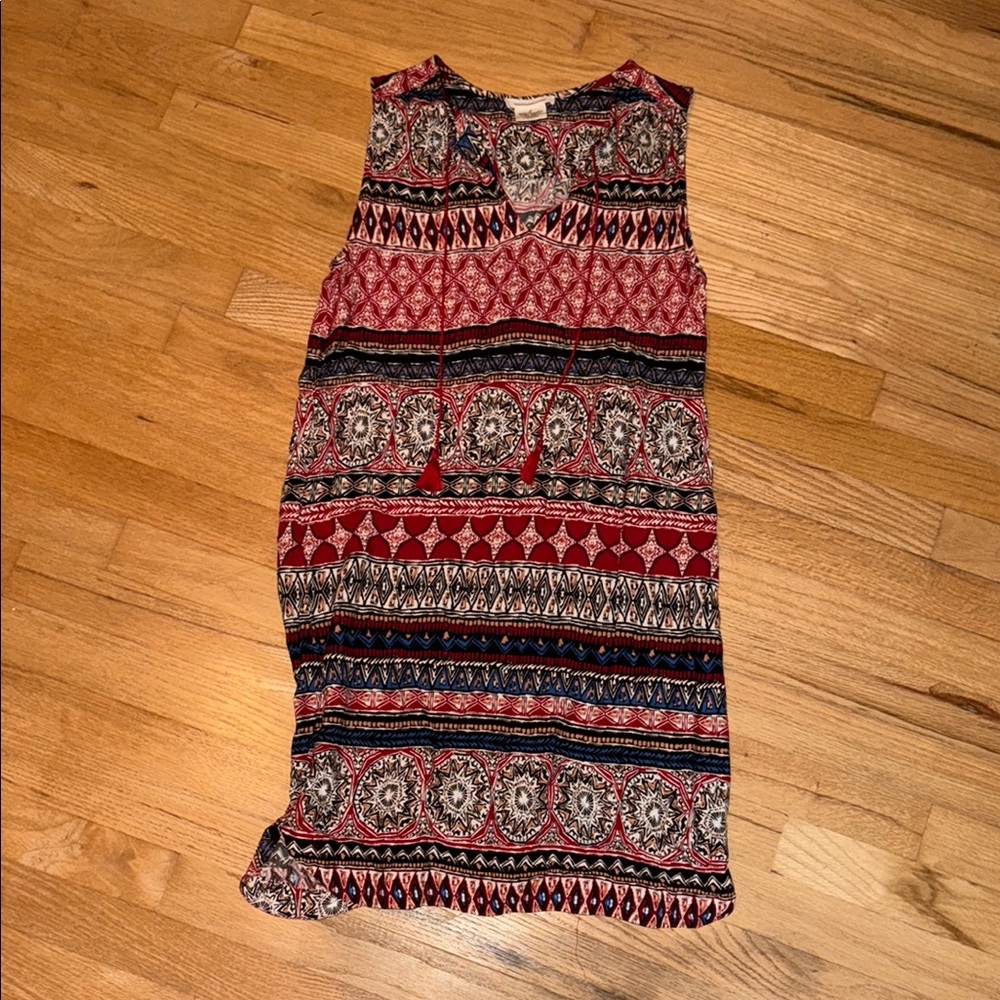 Bohemian Sleeveless Dress with Red and Black Patterns